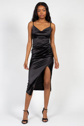 Amaya Side Slit Satin Midi Dress