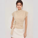 Semi-turtleneck collar short-sleeved beige fabric waist model