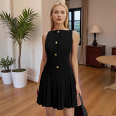 Personalized wide pendulum pleated waist solid color sleeveless short dress