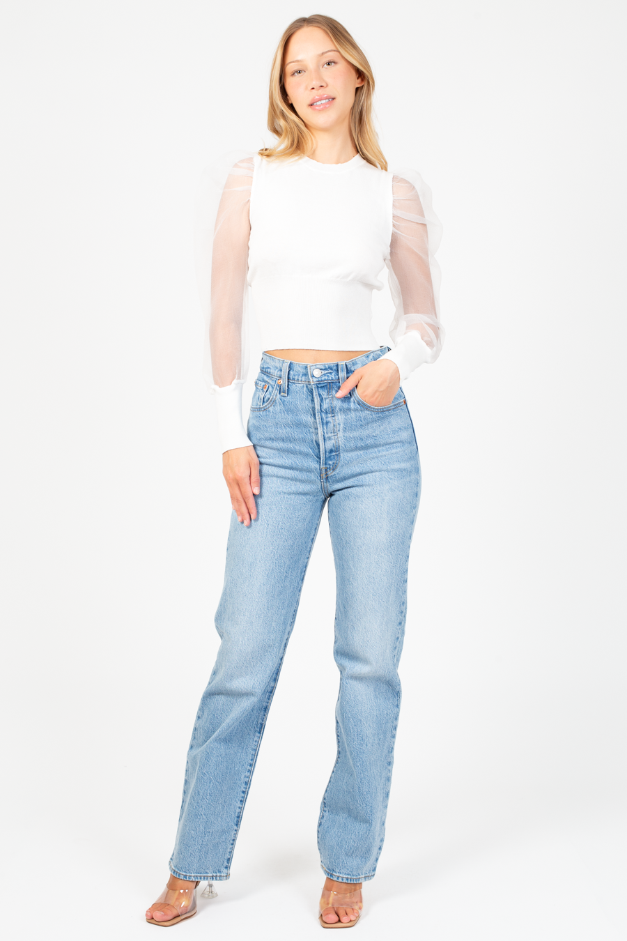 Maddie Organza Puff Sleeve Knit Top
