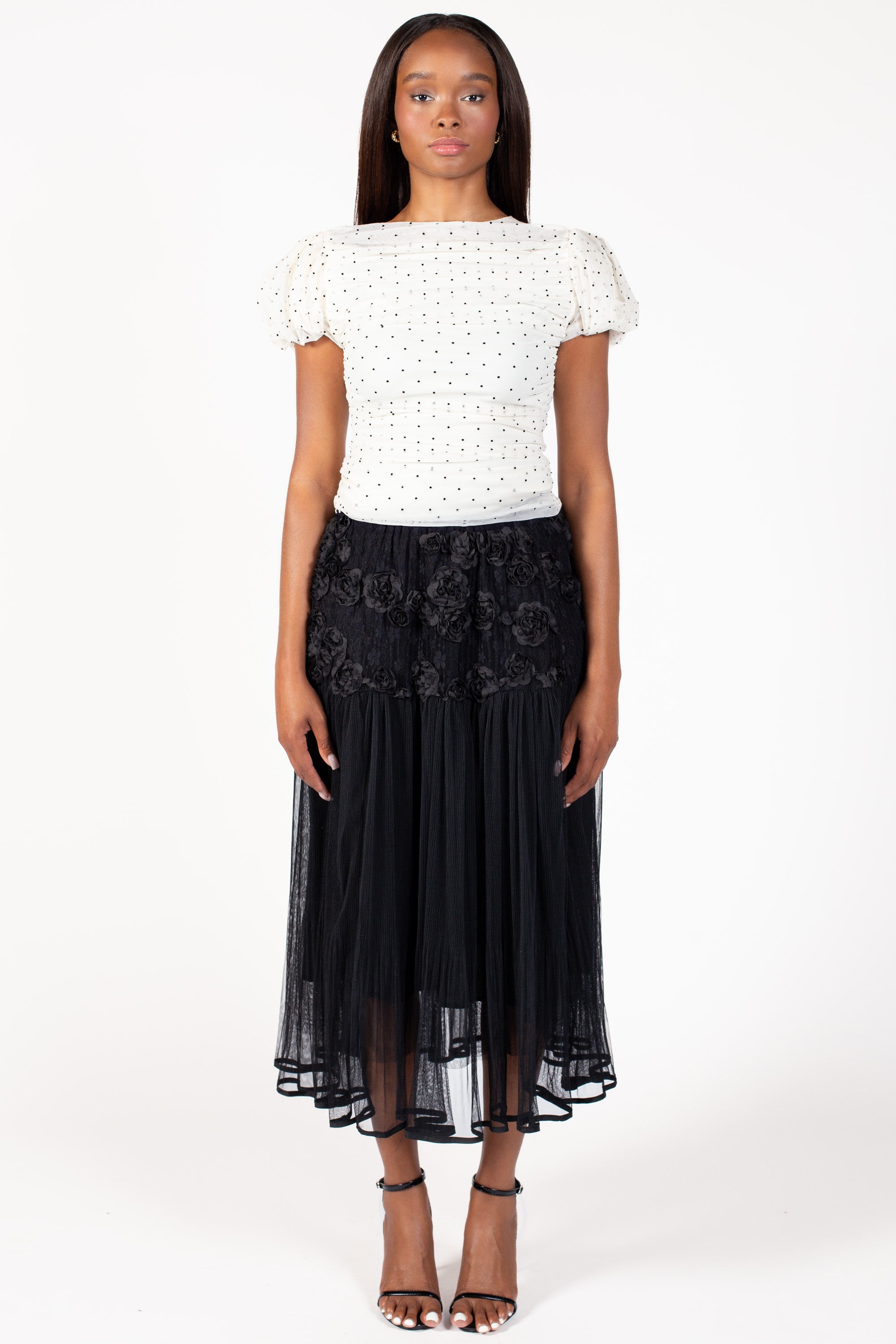 Arlo Floral Embellished Tulle Midi Skirt