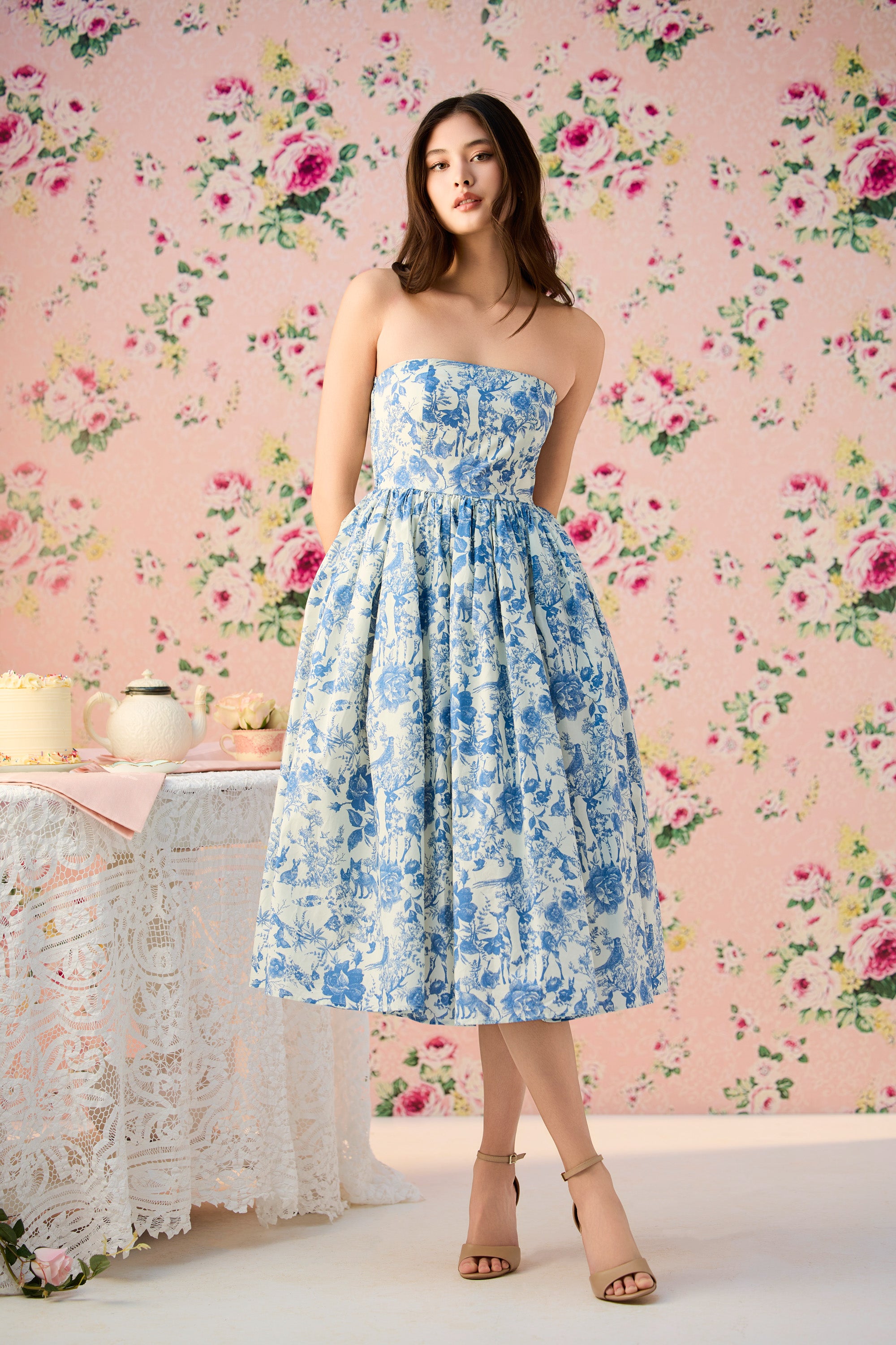 Ophelia Strapless Printed Midi Dress