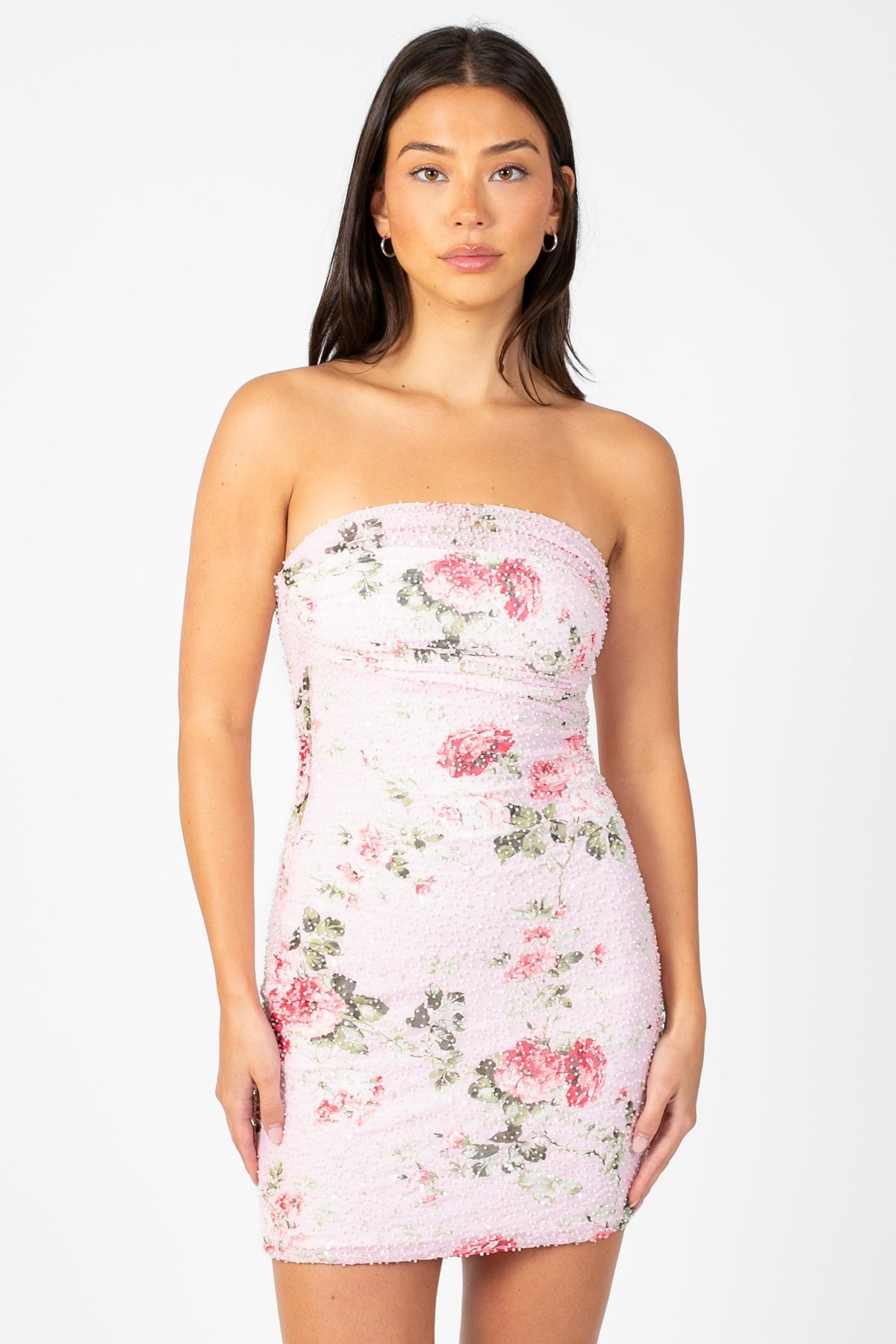 Posey Mesh Ruched Floral Mini Dress
